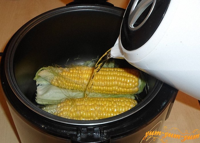 Заливайте кукурузу холодной водой и плотно закрывайте крышку