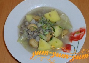 Грибной и куриный суп с маринованными грибами