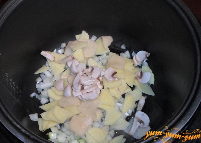 К обжаренному луку добавить картофель и грибы